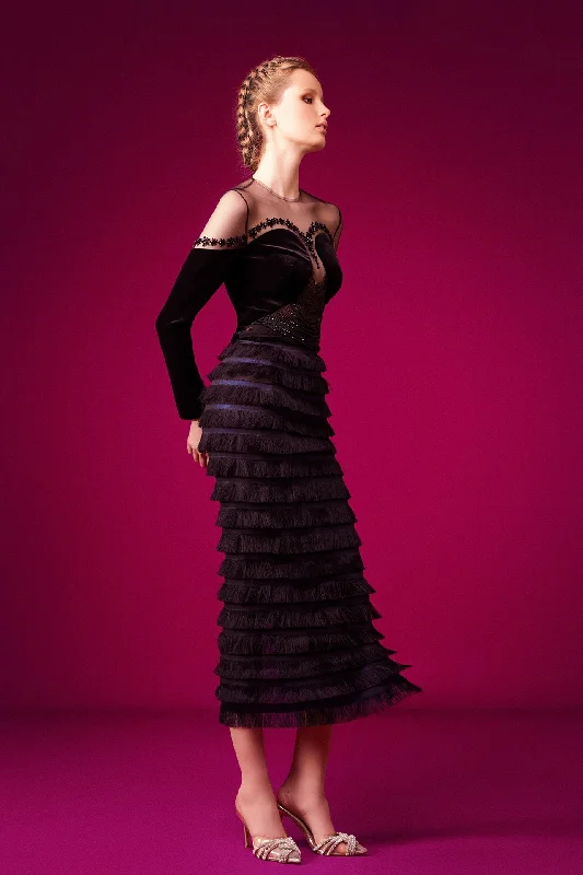 Beaded velvet top featuring ruffled skirt cashmere skirt fine