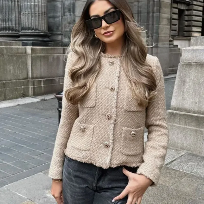 Women Fashion Metal Button Single-Breasted Long Sleeve Jacket Cotton Fabric Linen Fabric Terry Fabric