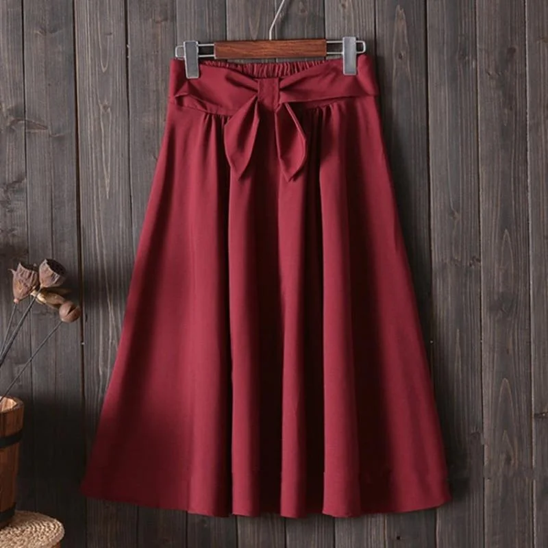 Elegant Pleated Big Bow High Waist Knee Length A Line Skirt denim skirt classic