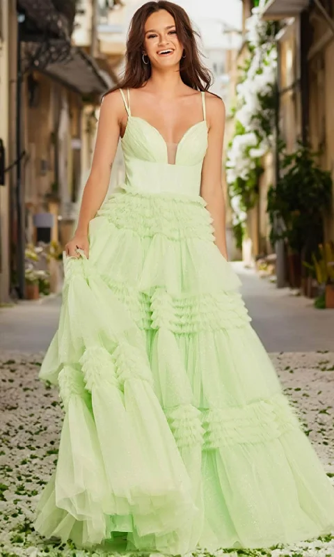 Jovani 38477 - Tiered Skirt Long Gown flowy skirt hem
