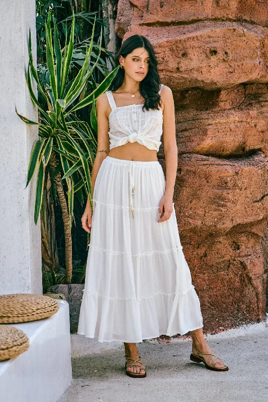 Marina White Seashell Tiered Maxi Skirt tiered skirt playful
