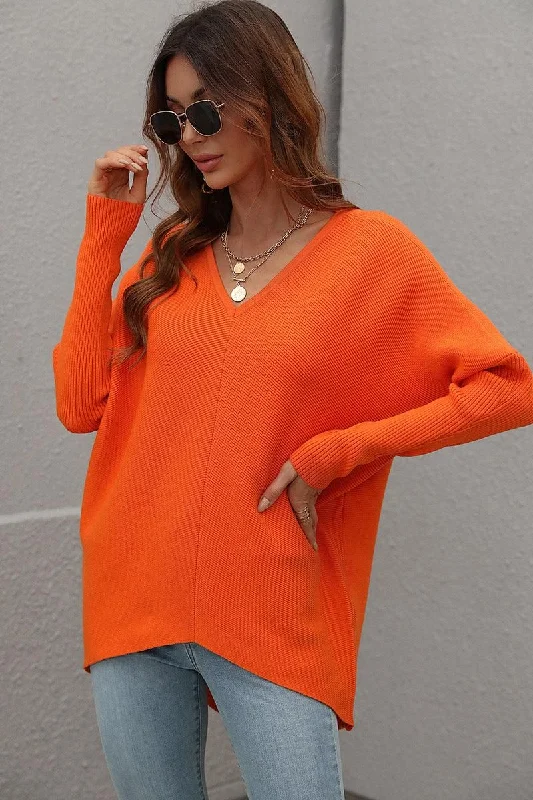 V NECK SOLID TUNIC SWEATER TOP Seamless Knitted Crochet