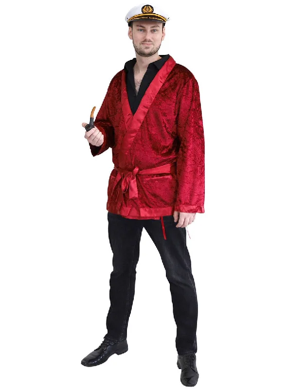 The Heff Mens Red Velvet Smoking Costume Jacket Belted Jacket Elasticated Jacket Padded Jacket