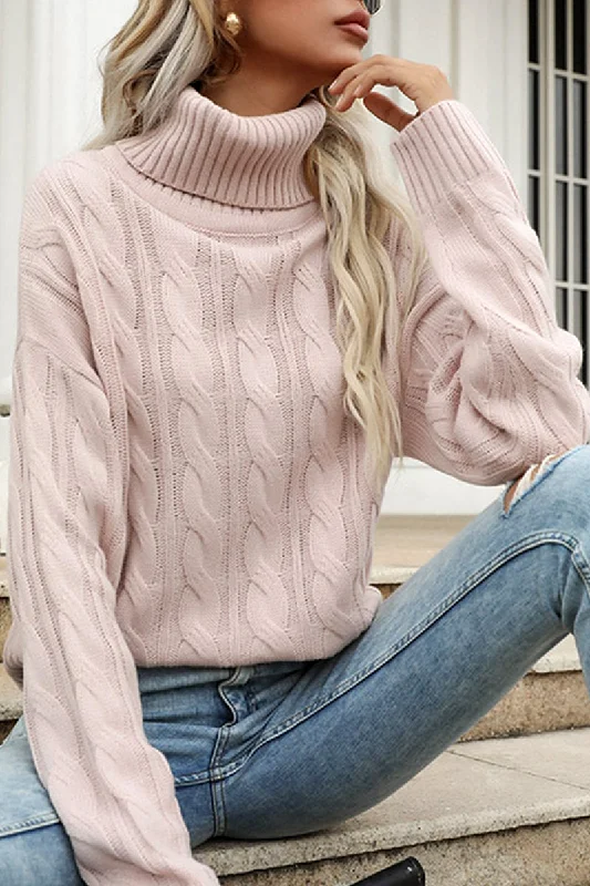 CABLE KNITTED TURTLE NECK SWEATER TOP Faux Fur Fabric Real Fur Fabric Shearling Fabric