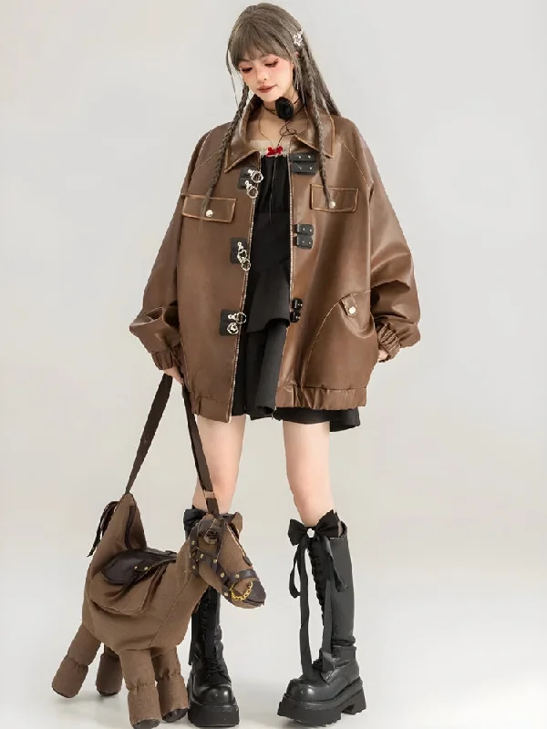 Faux Leather Oversized Jacket Tiered Jacket Buttoned Jacket Zippered Jacket
