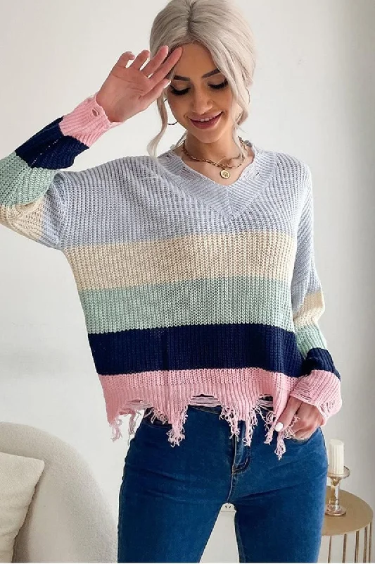 DISTRESSED HEM COLOR BLOCK KNIT SWEATER Collared Crew Neck Turtle Neck