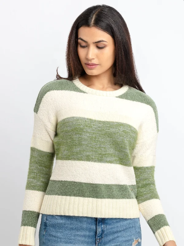 Womens Striped Round Neck Sweater Terry Blend Velvet Blend Canvas Blend