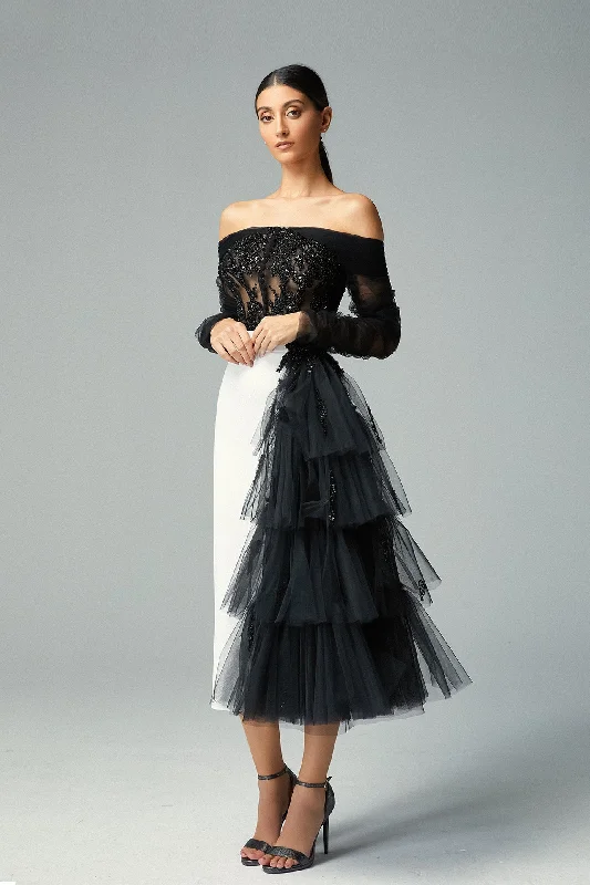 Off shoulder beaded top with side ruffle skirt flowy skirt hem