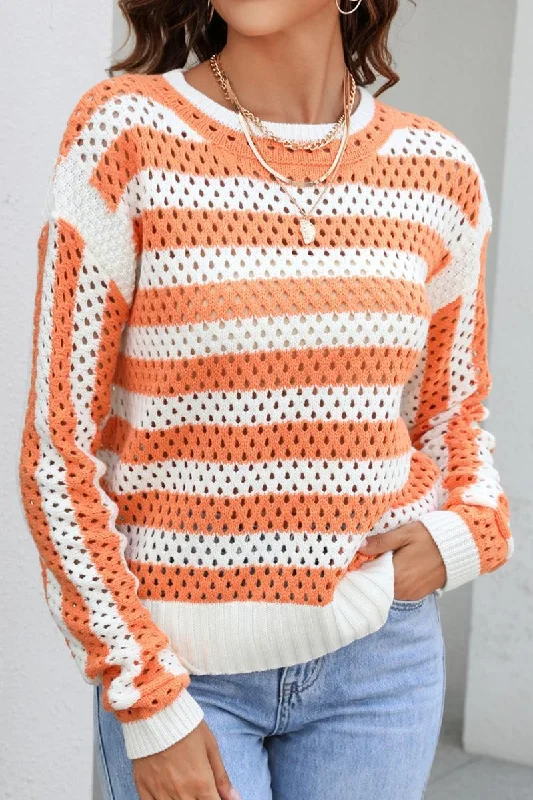STRIPED COLOR BLOCK CREW NECK HOLLOW KNIT SWEATER Spandex Blend Rayon Blend Denim Blend