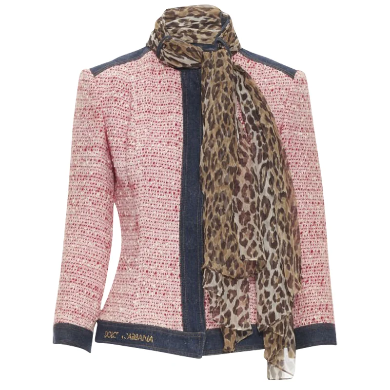 Dolce & Gabbana tweed denim trimmed leopard scarf jacket One-Shoulder Jacket Off-the-Shoulder Jacket Asymmetrical Jacket