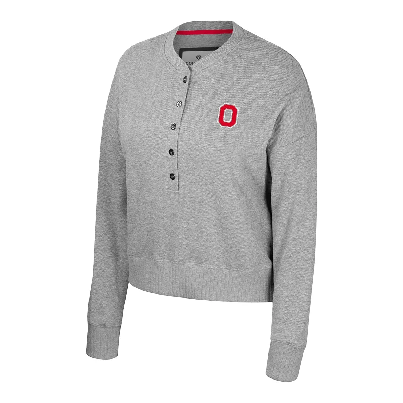 Ladies Ohio State Buckeyes Power Shortage Gray Henley Sweater Zippered Buttoned Snapped