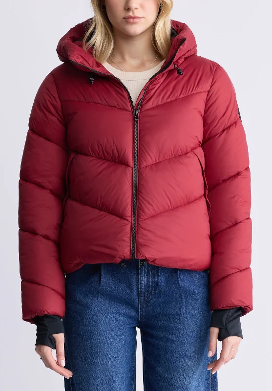 Janice Chilli Red Ladies Hooded Puffer Jacket - OBLEF008 Tiered Jacket Buttoned Jacket Zippered Jacket