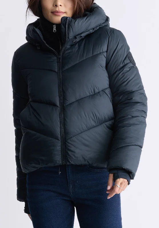 Janice Black Ladies Hooded Puffer Jacket - OBLEF008 Notch Collar Jacket Peter Pan Collar Jacket Cowl Neck Jacket