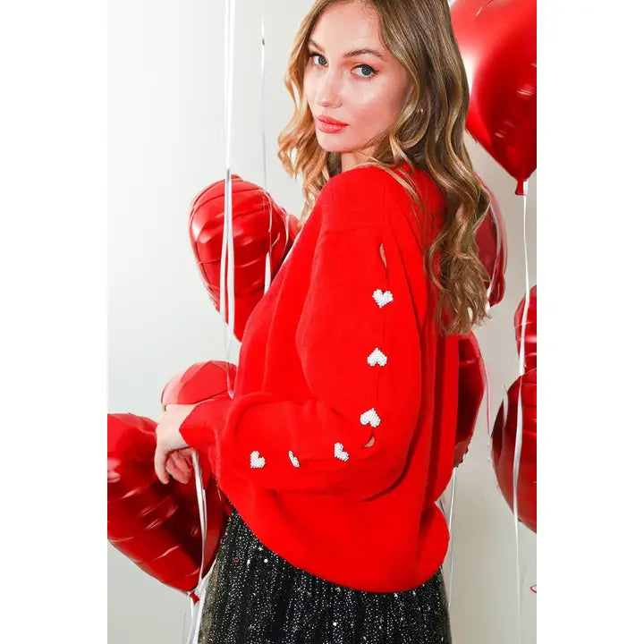 Red sweater with hearts on sleeve Fitted Loose Oversized