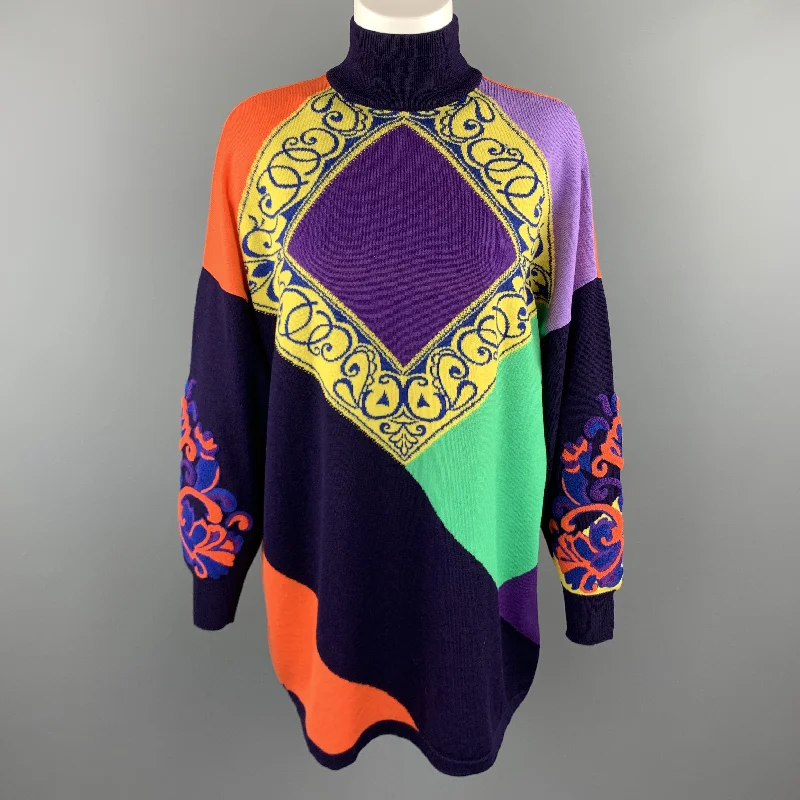 GIANNI VERSACE 1980's Purple Orange Green & Yellow Baroque Wool Sweater Solid Color Striped Floral Print