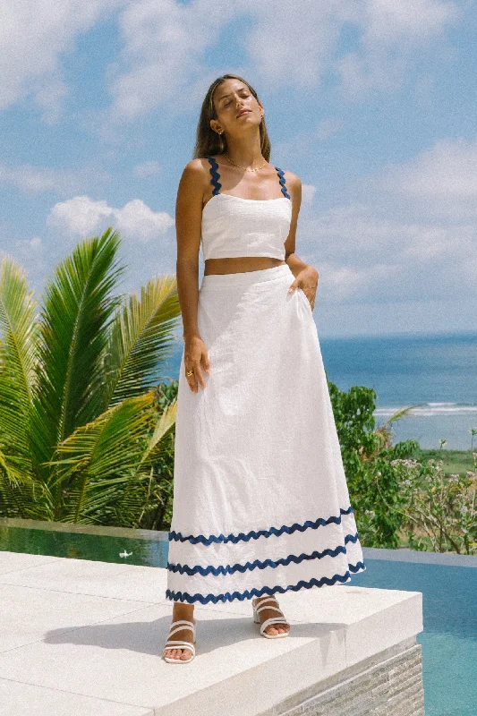 Kalliope White Navy Ric Rac Maxi Skirt leather skirt sleek