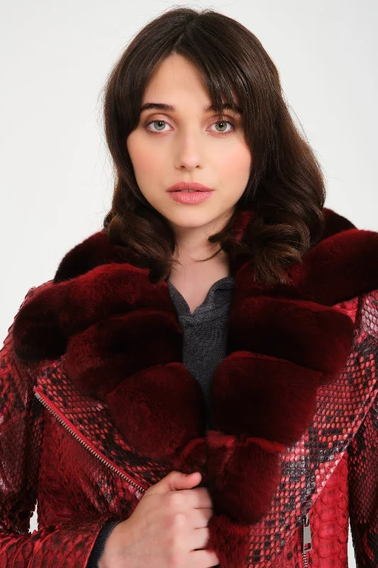 Red Python Leather Chinchilla Fur Collar Jacket Front Pockets Side Pockets Patch Pockets