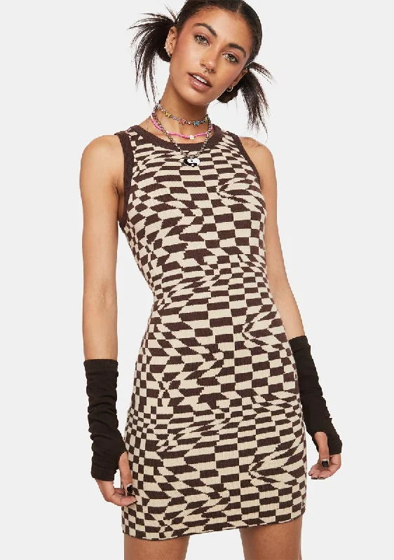 Checkered Print Sleeveless Sweater Mini Dress Herringbone Houndstooth Plaid