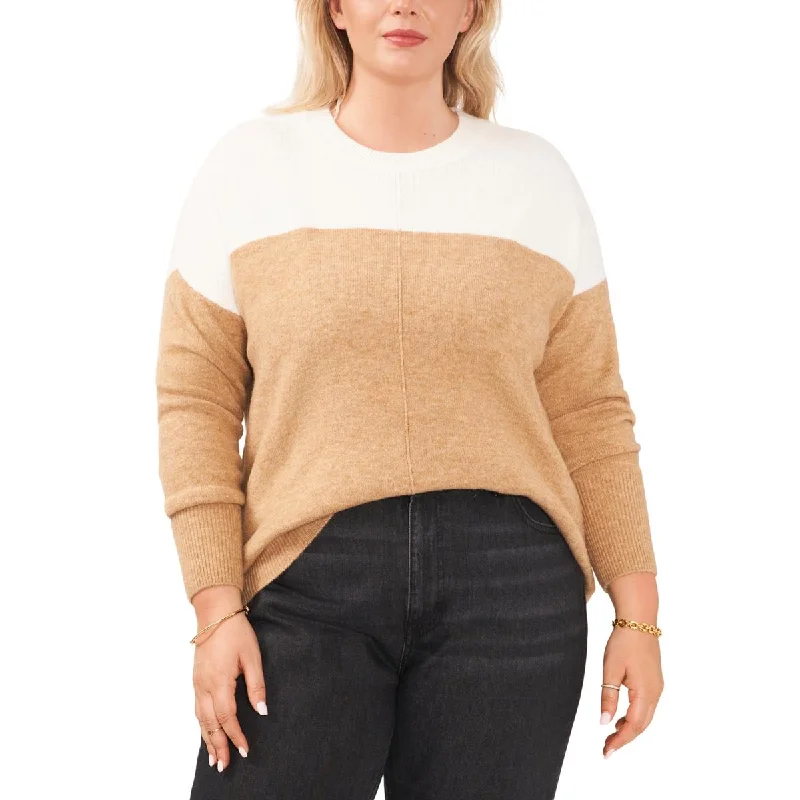 Vince Camuto Womens Plus Knit Colorblock Crewneck Sweater Herringbone Houndstooth Plaid