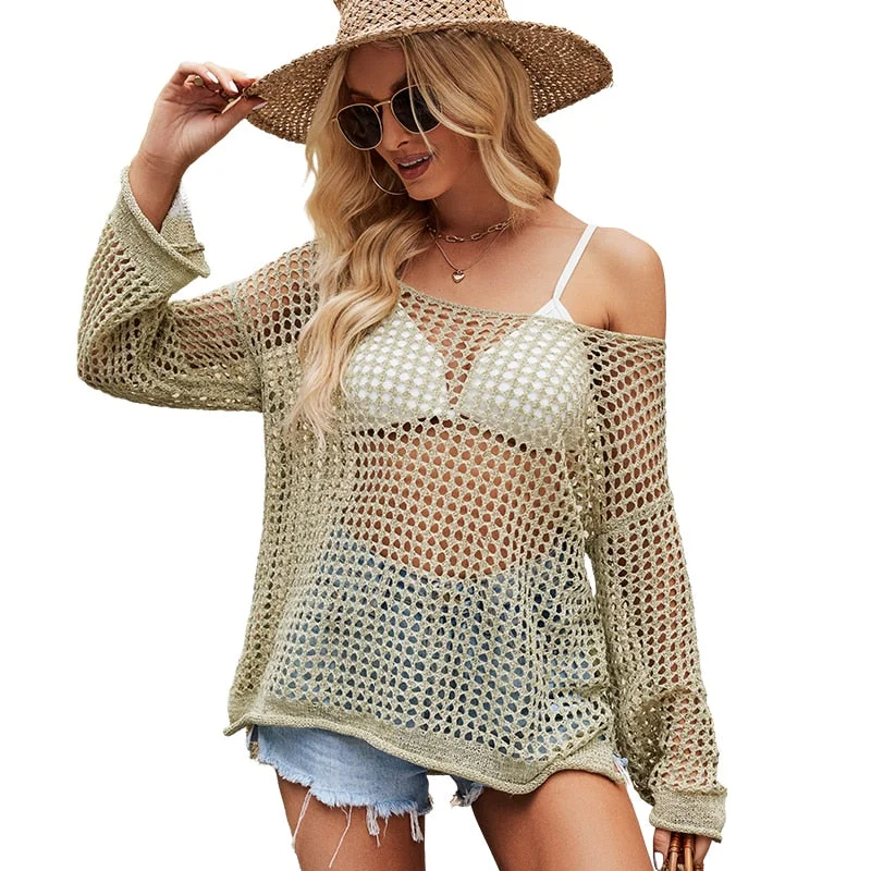 Women Hollow Out Sweater Summer Openwork Thin Loose Sun Protective Blouse Beach New Knitted Tops Euro American Style Transparent Opaque Sheer