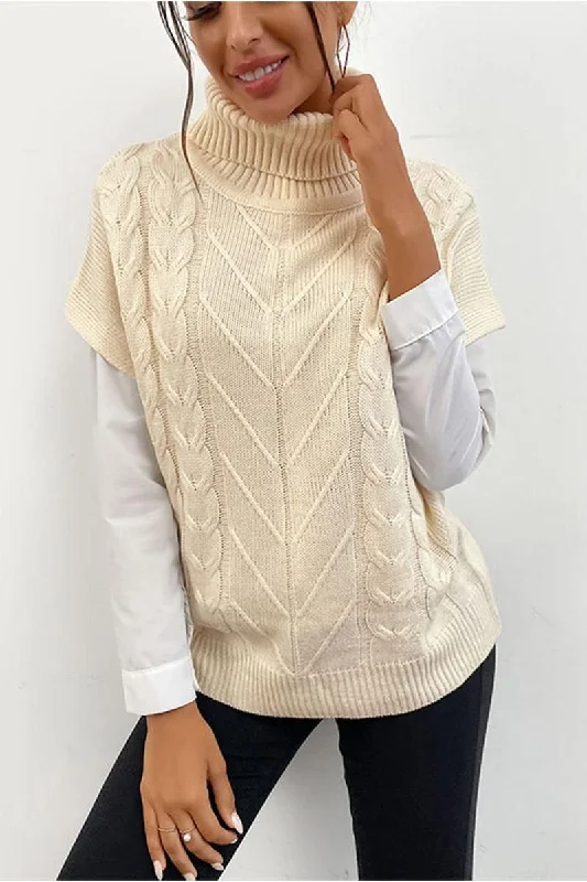 CABLE KNIT TURTLE NECK SHORT SLEEVE SWEATER Seamless Knitted Crochet