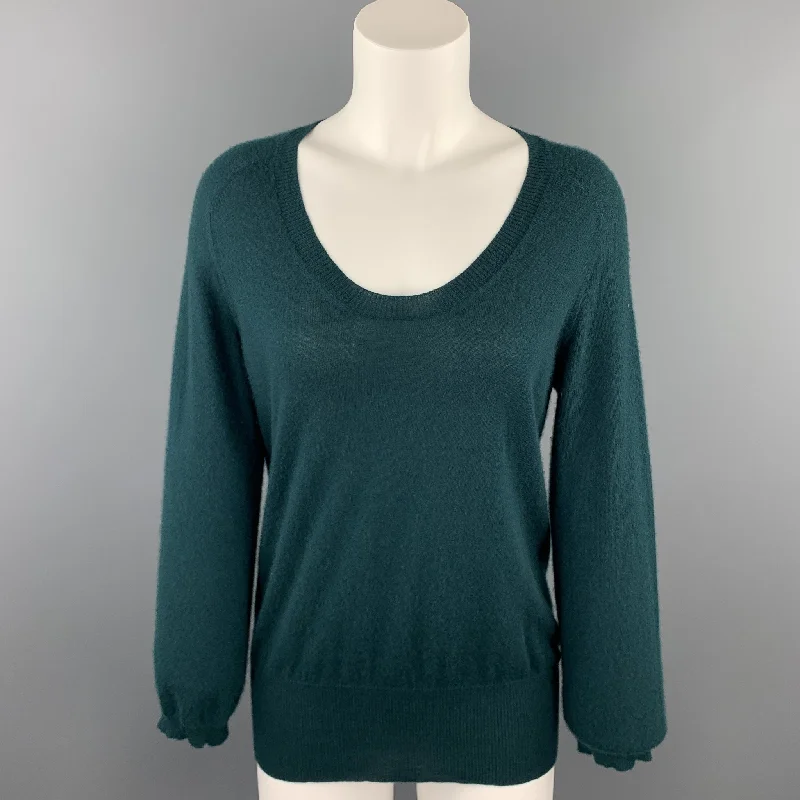 MARC JACOBS Size L Dark Green Knitted Cashmere Scoop Neck Sweater Glossy Satin Silk