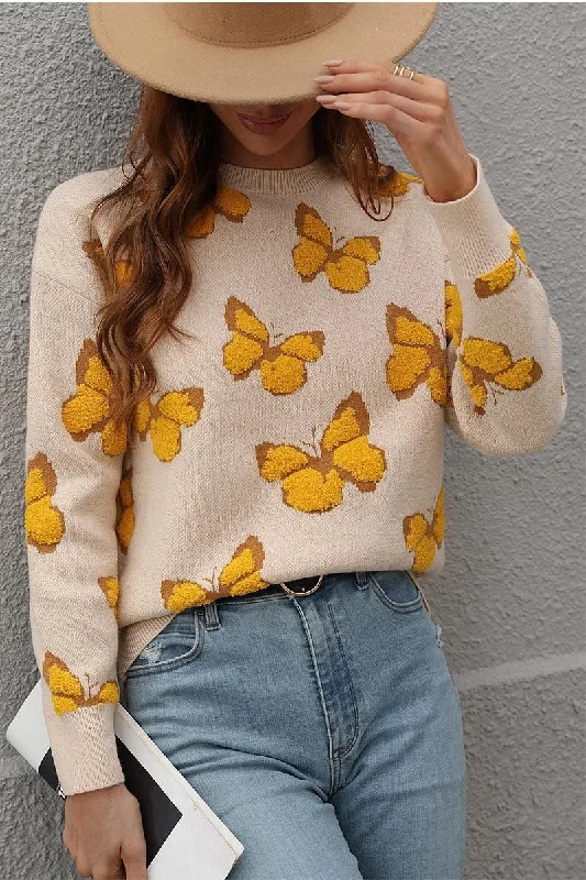 BUTTERFLY PRINTING LONG SLEEVE CASUAL SWEATER Spandex Rayon Corduroy
