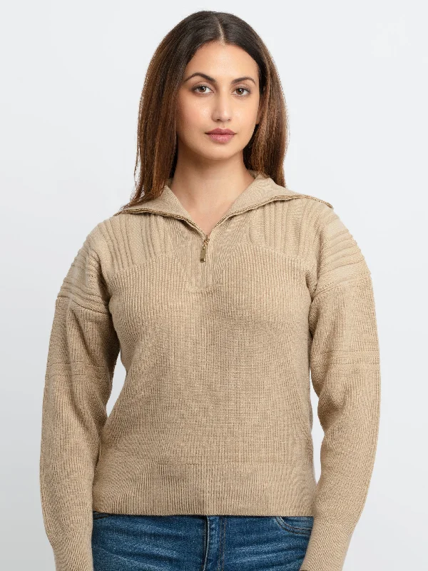 Womens Solid High Neck Sweater Zippered Buttoned Snapped