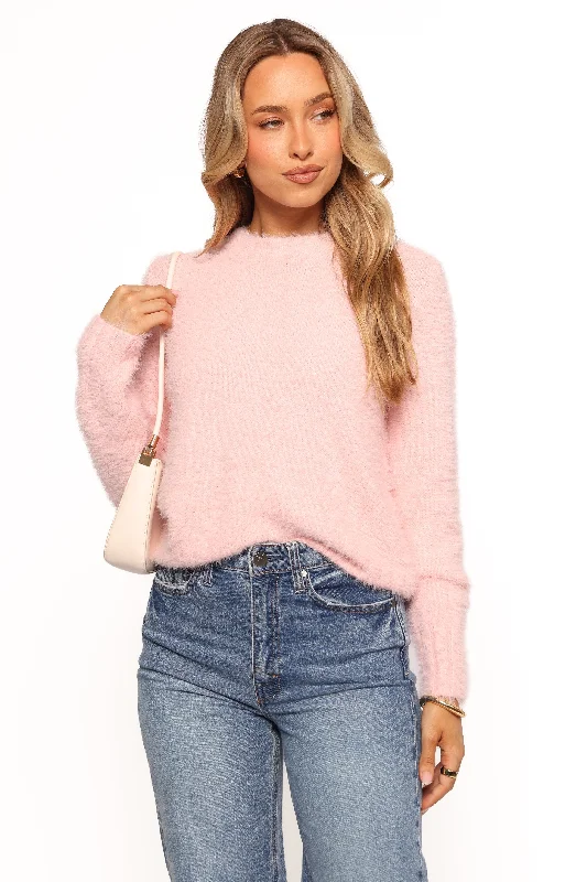 Aspra Fuzzy Crewneck Knit Sweater - Pink Spandex Blend Rayon Blend Denim Blend