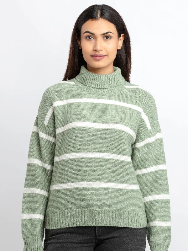 Womens Striped Turtle Neck Sweater Collared Crew Neck Turtle Neck