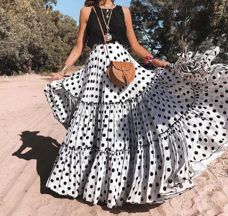 Polka Dot Maxi Skirt Layered High Waist Pleated cotton skirt soft