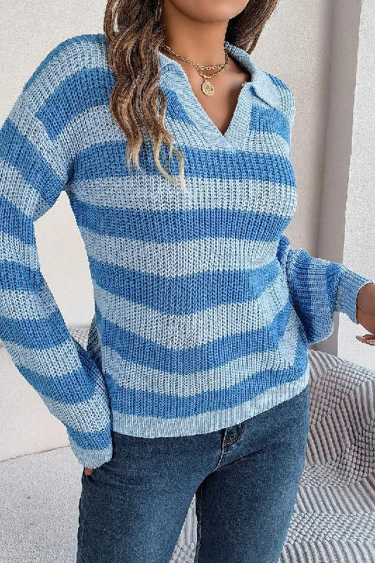 WOMEN COLLARED V NECK STRIPE CROCHET KNIT SWEATER Solid Print Embellished