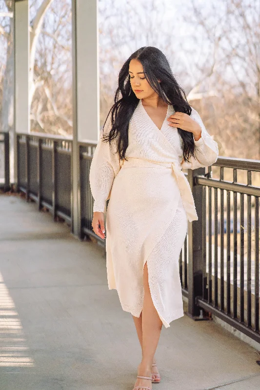 Roslyn Sweater Wrap Midi Dress - Taupe Velvet Chenille Corduroy
