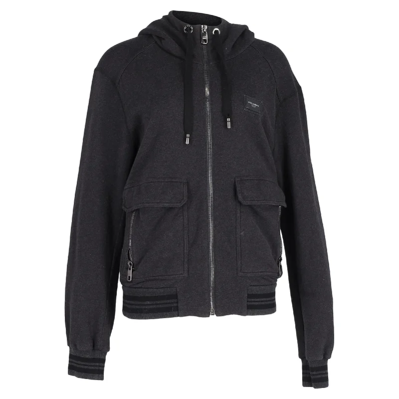 Dolce & Gabbana Zipped Hooded Jacket in Dark Grey Cotton Notch Collar Peter Pan Collar Cowl Neck