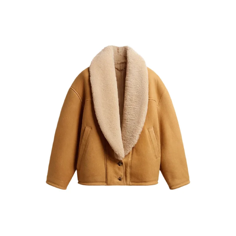 Sheepskin Jacket With Wide Shearling Shawl Collar(Brown) Collared Jacket Crew Neck Jacket Turtle Neck Jacket