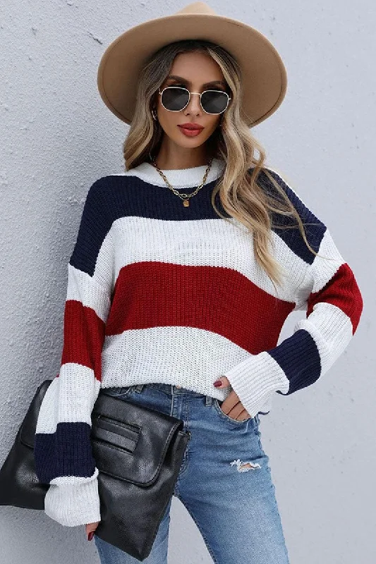 LONG SLEEVE BIG STRIPE ROUND NECK SWEATER Nylon Fabric Polyester Fabric Spandex Fabric