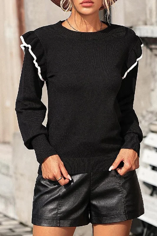 WOMEN FRILL CAPE SLEEVE RIBBED KNIT SWEATER Zippered Buttoned Snapped