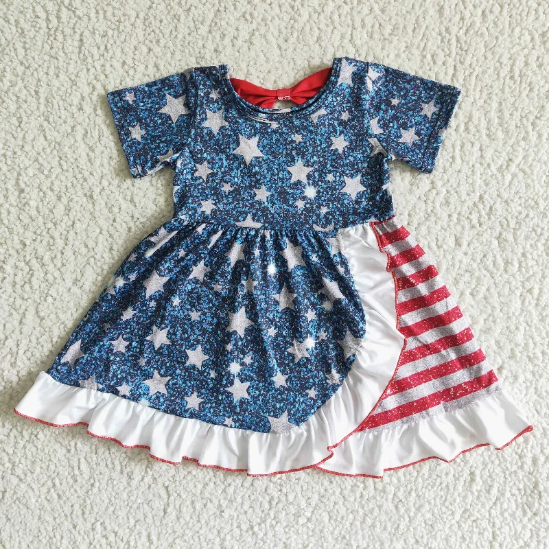 rts no moq GSD0033 Girl's blue and white star red and pastel striped sequin short-sleeved skirt elastic waist skirt