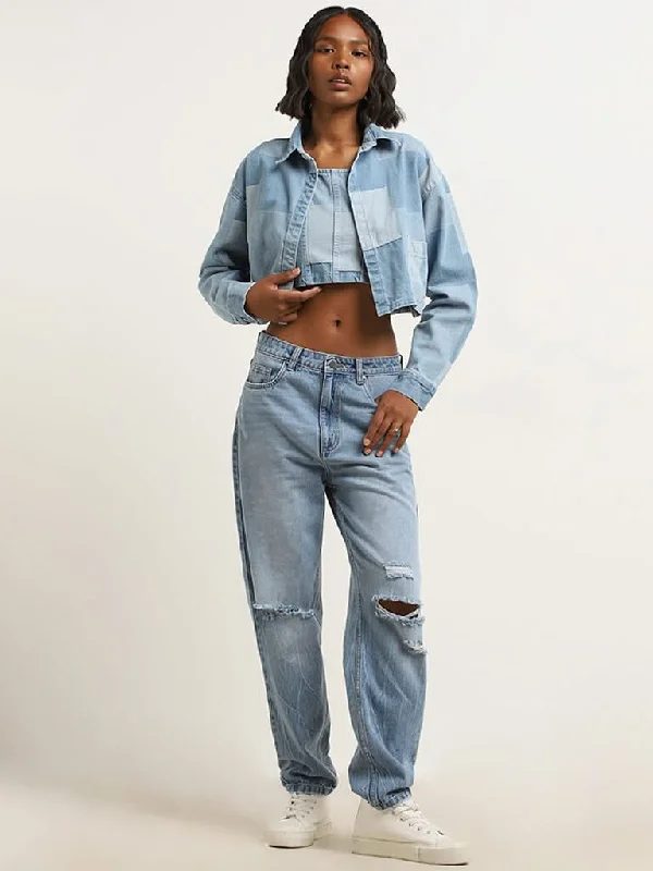 Nuon Blue Patchwork Denim Jacket Jacket Blazer Coat