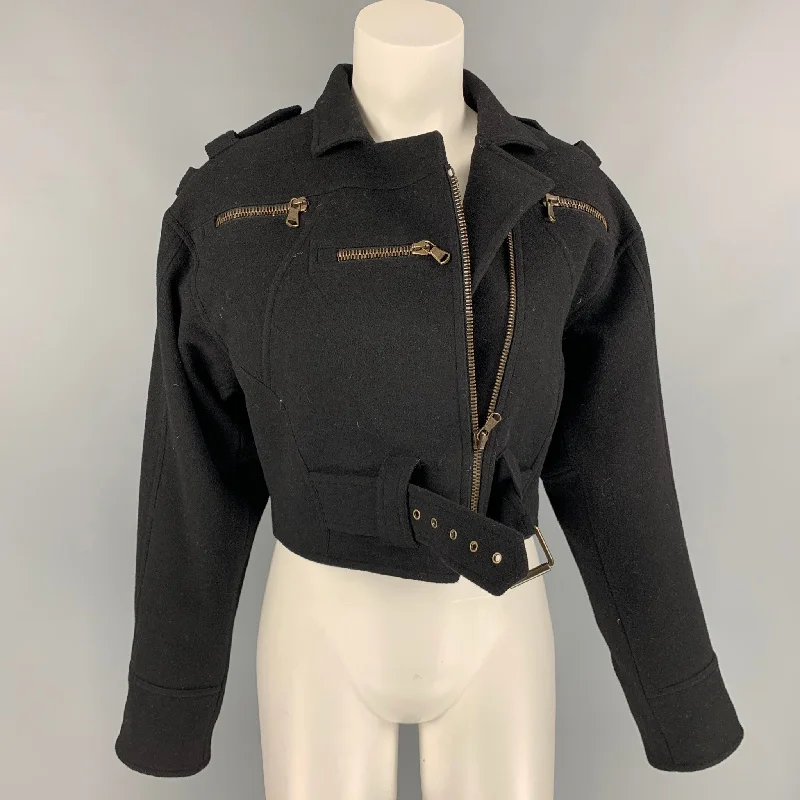 RALPH LAUREN Collection Size 6 Black Wool / Cashmere Cropped Belted Jacket Striped Jacket Polka Dot Jacket Floral Jacket