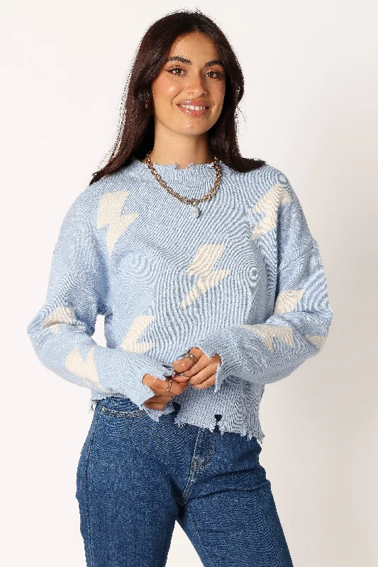 Lightning Bolt Printed Fray Detail Knit Sweater - Light Blue Cable Knit Ribbed Knit Lace Knit