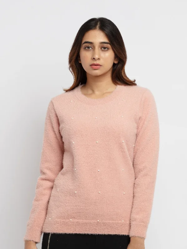 Women's Pearl Embellished Sweater Denim Fabric Leather Fabric Suede Fabric