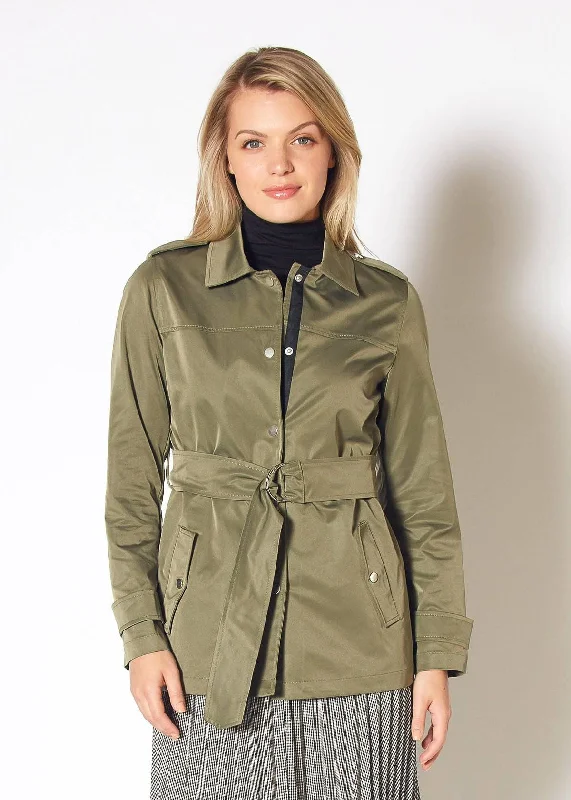Pleione Women's Olive Windbreaker Belted Collar Jacket in Olive Ribbed Jacket Pleated Jacket Ruffled Jacket