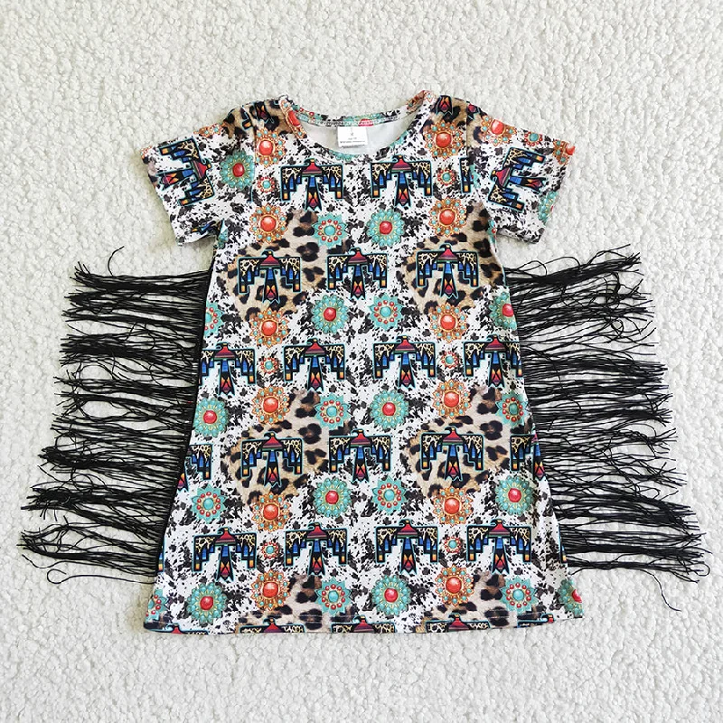 GSD0058 Girls leopard print cow print sapphire fringe short sleeve skirt leather skirt durable