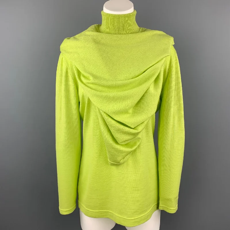 GIANNI VERSACE Size L Lime Green Wool Cape Overlay Turtleneck Sweater Ribbed Striped Patterned