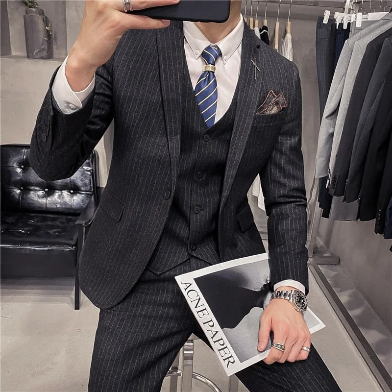6XL 7XL (Jackets+Vest+Pants) Male Korean Blazers Slim Check British Business Suit Men Three Piece Wedding Bridegroom Man Dress Herringbone Jacket Houndstooth Jacket Plaid Jacket