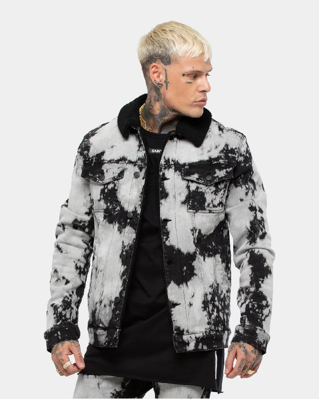 Saint Morta Men's Scratch Sherpa Denim Jacket Stone Black Ribbed Jacket Pleated Jacket Ruffled Jacket