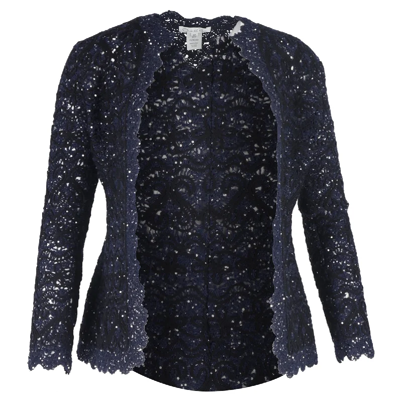 Oscar de la Renta Embroidered Sequin Jacket in Navy Blue Cotton Front Pockets Side Pockets Patch Pockets