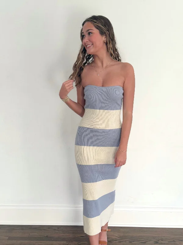 Blue Stripe Tube Sweater Midi Striped Floral Plaid