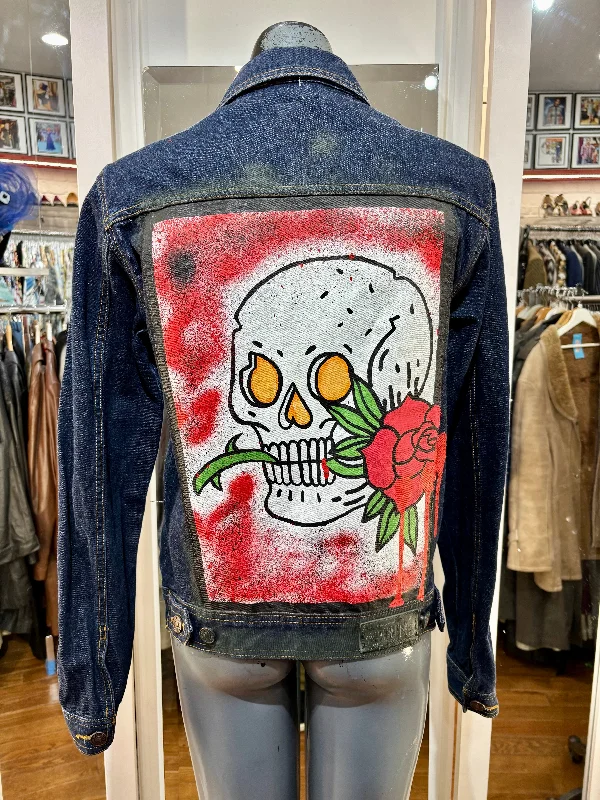 00’s Blue Italian Custom Hand Painted Denim Jacket Scull & Rose Notch Collar Jacket Peter Pan Collar Jacket Cowl Neck Jacket